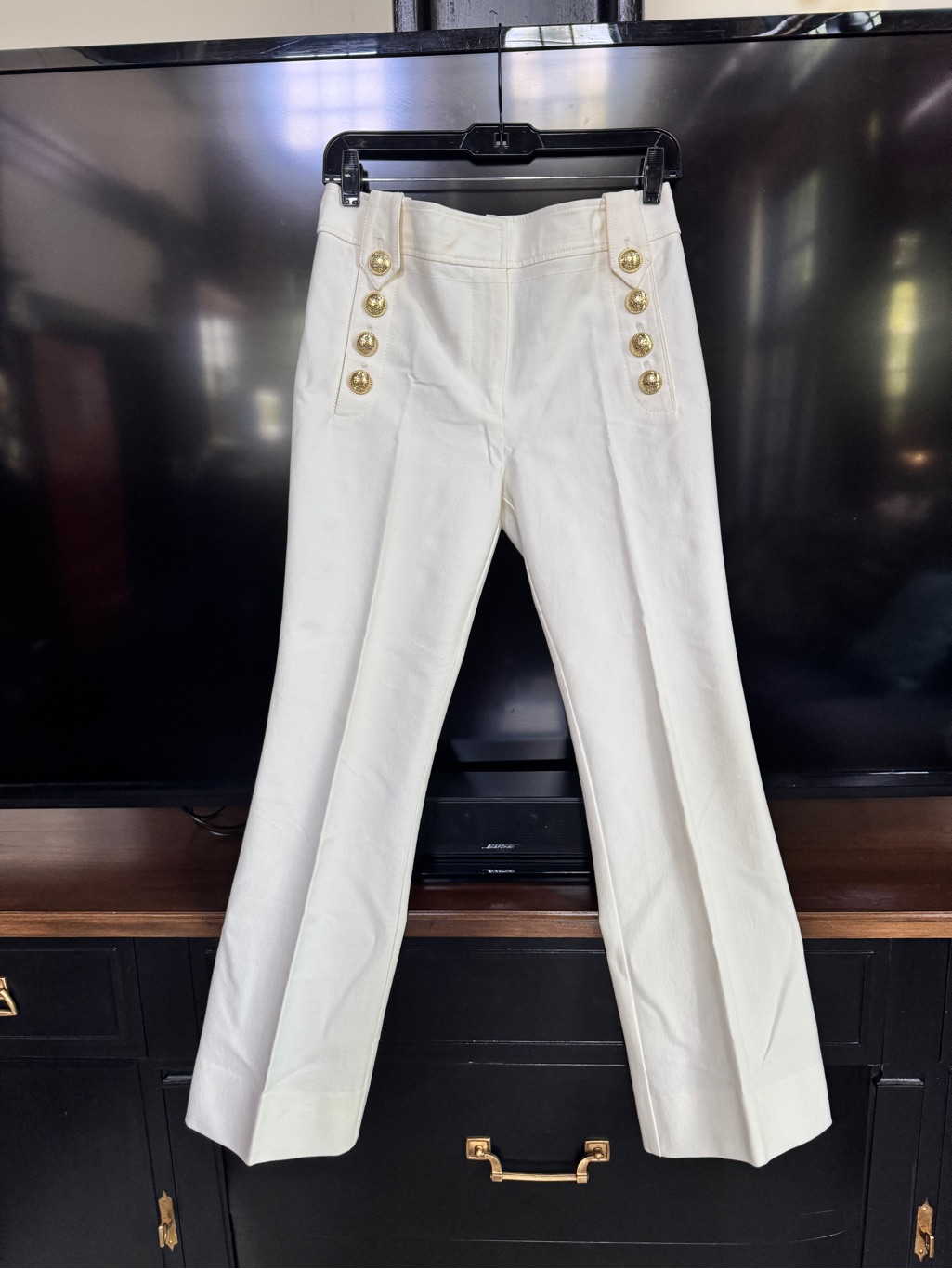Derek Lam Cream High-Waist Boot-Cut Pants With Gold Buttons